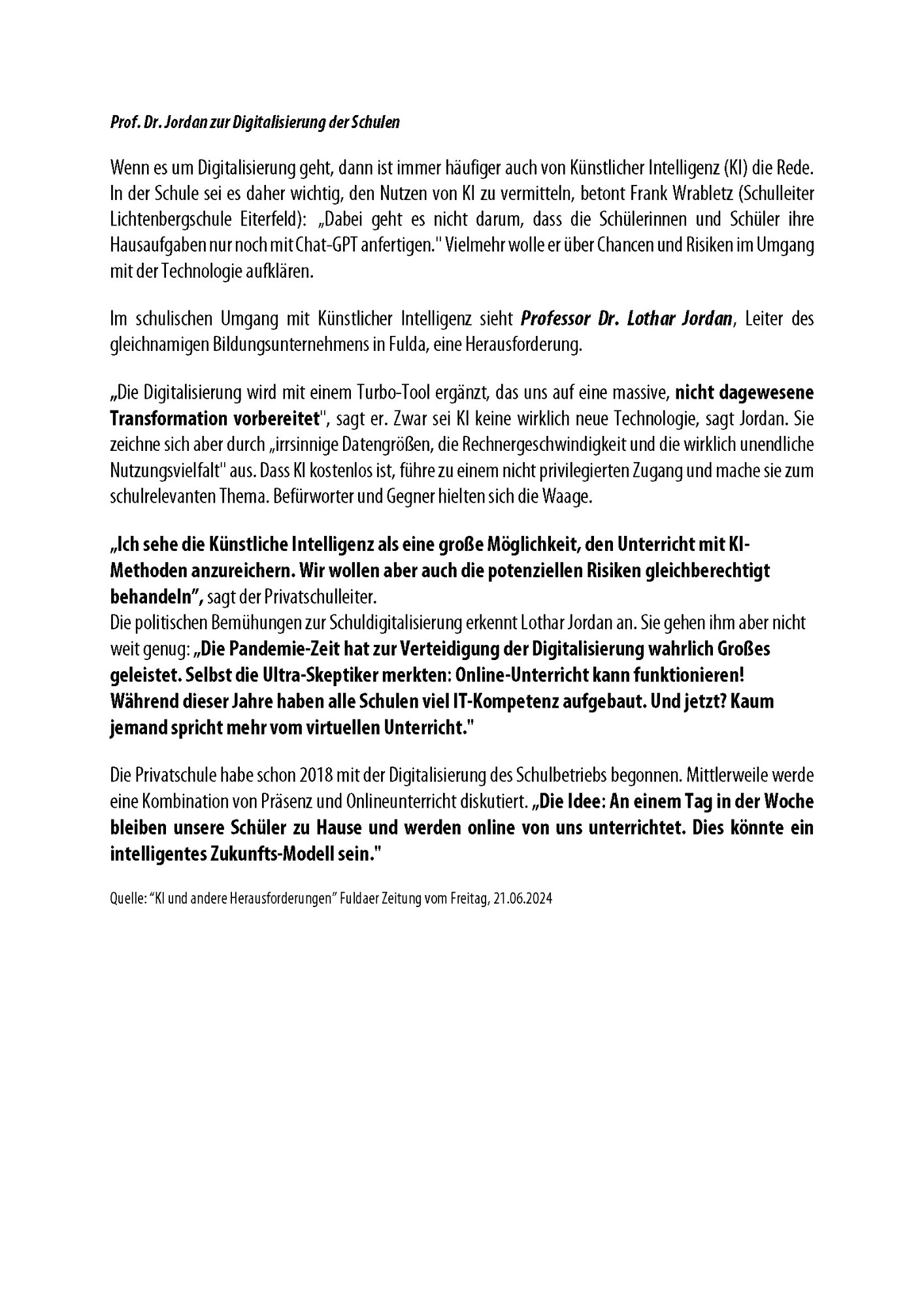 Interview Dr. Jordan mit der Fuldaer Zeitung bezüglich Digitalisierung
